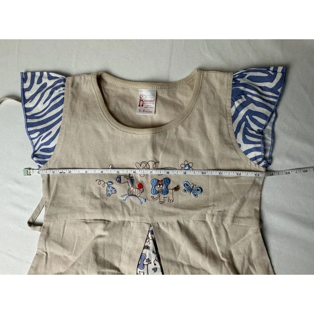 Hooligans Kids Dress 5-6 Years Beige Blue Africa Embroidered Cotton‎